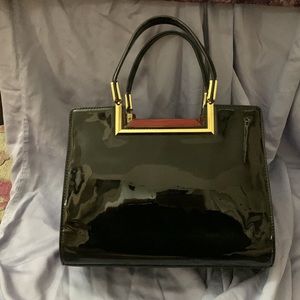 Patent Leather Bag w/Gold Metal Accents - Holiday Party Ready w/red side panels